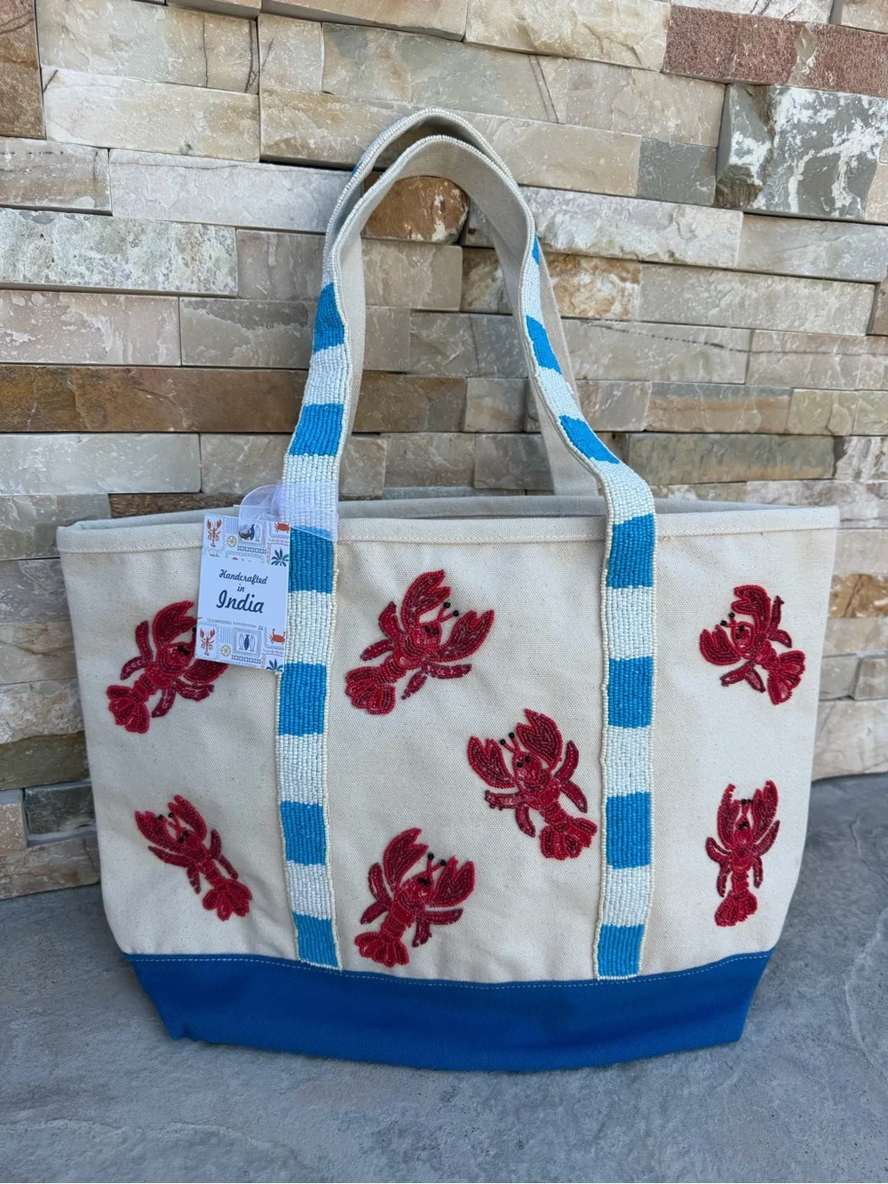 NWT Viral Beaded Cream Tote with Blue and White Trim & Red Beaded Lobster